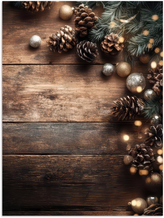 Poster 90x120 cm - Kersthoekdecoratie - Dennenappels - Lichtjes - Posters - Kamer decoratie - Wanddecoratie woonkamer - Muurdecoratie slaapkamer - Kerstversiering - Kerstdecoratie voor binnen - Kerstmis