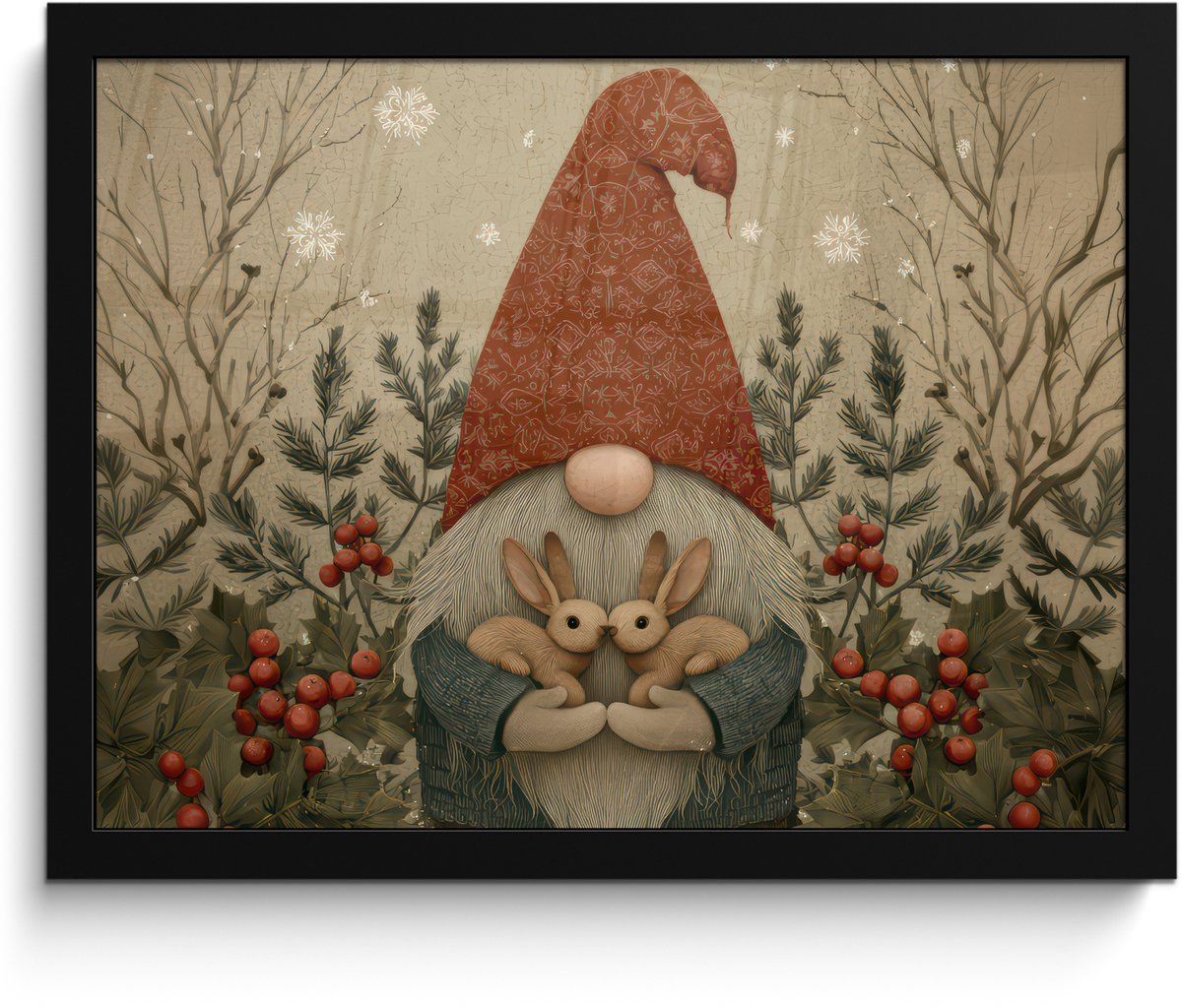 FrameYourWall Poster in lijst - Fotolijst 40x30 cm - Posters - Kerstgnome - Konijntjes - Kleurrijk - Posterlijst zwart - Decoratie - Wanddecoratie woonkamer - Muurdecoratie slaapkamer - Kerstversiering - Kerstdecoratie voor binnen - Kerstmis