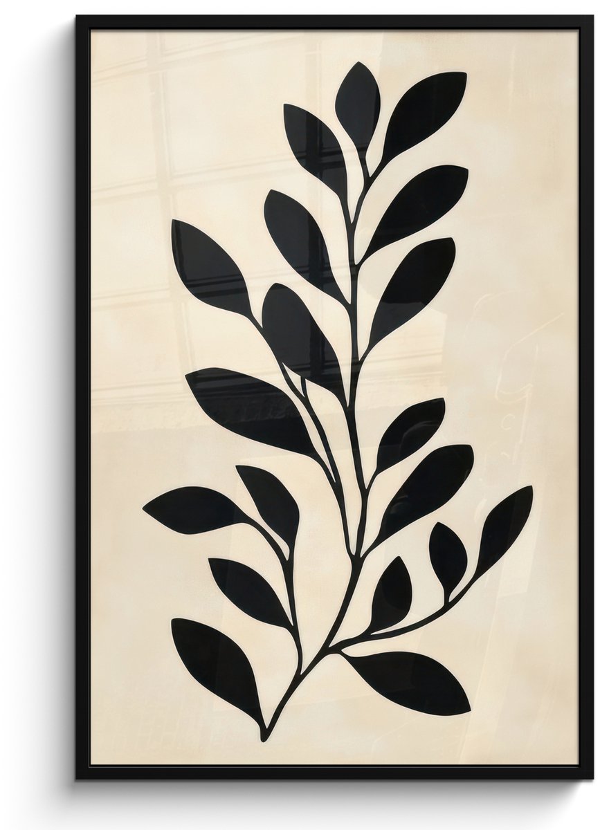 FrameYourWall Poster in lijst - Fotolijst 80x120 cm - Posters - Minimalistisch - Tak - Bladeren - Zwart - Posterlijst zwart - Decoratie - Wanddecoratie woonkamer - Muurdecoratie slaapkamer