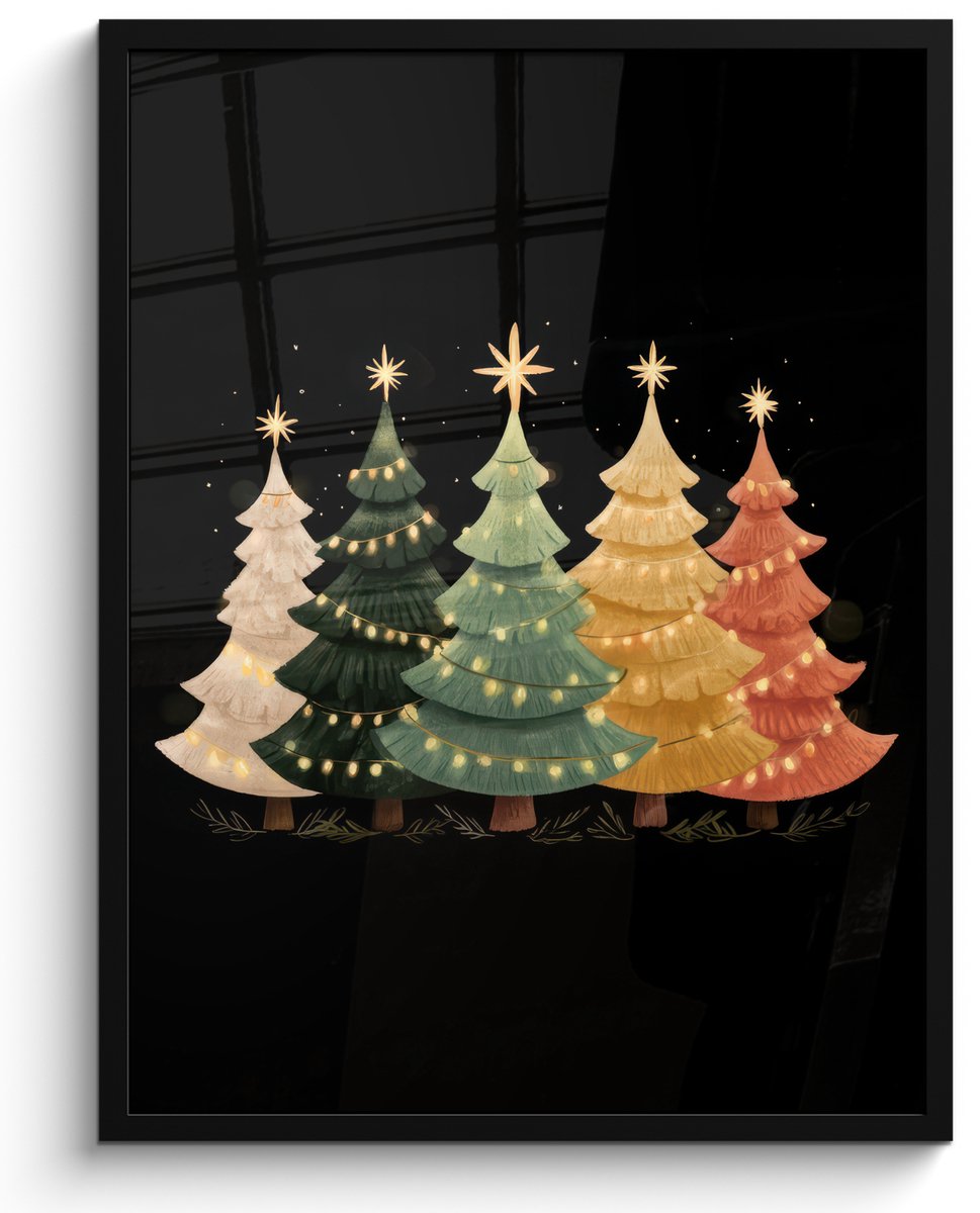 FrameYourWall Poster in lijst - Fotolijst 60x80 cm - Posters - Kerstbomen - Kleurrijk - Lichtjes - Ster - Posterlijst zwart - Decoratie - Wanddecoratie woonkamer - Muurdecoratie slaapkamer - Kerstversiering - Kerstdecoratie voor binnen - Kerstmis