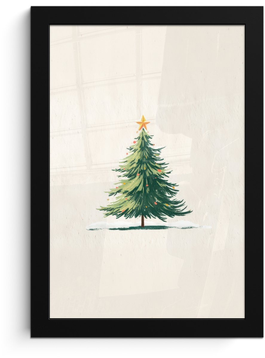 FrameYourWall Poster in lijst - Fotolijst 20x30 cm - Posters - Kerstboom - Illustratie - Ster - Sneeuw - Posterlijst zwart - Decoratie - Wanddecoratie woonkamer - Muurdecoratie slaapkamer - Kerstversiering - Kerstdecoratie voor binnen - Kerstmis