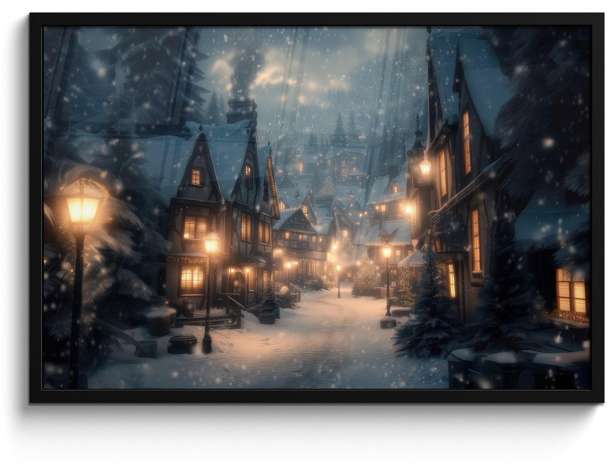 FrameYourWall Poster in lijst - Fotolijst 90x60 cm - Posters - Winterdorp - Sneeuw - Donker - Posterlijst zwart - Decoratie - Wanddecoratie woonkamer - Muurdecoratie slaapkamer