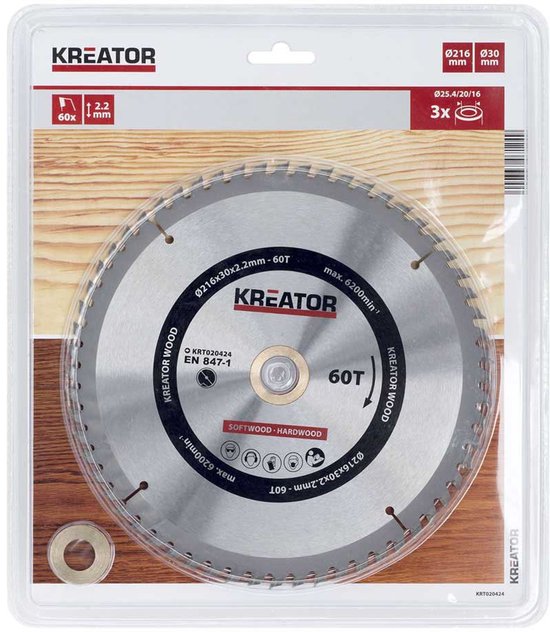 Kreator cirkelzaagblad 216 mm met 60 tanden, voor zacht- en hardhout.