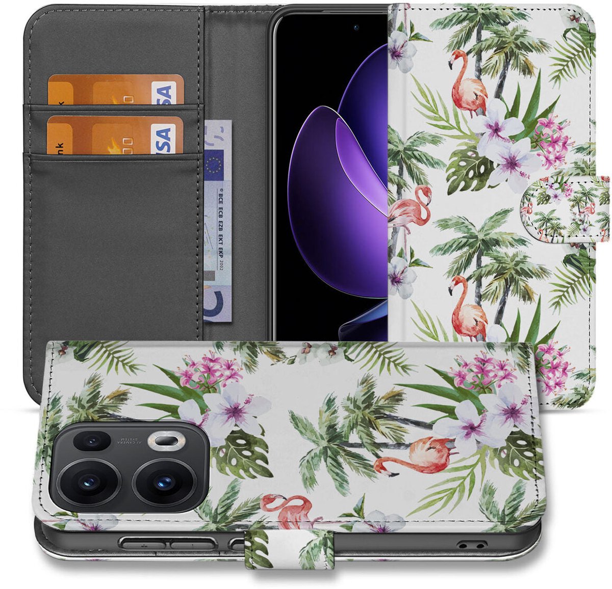 OPPO Reno 13 Pro Telefoonhoesje met Pasjes Flamingo Palms