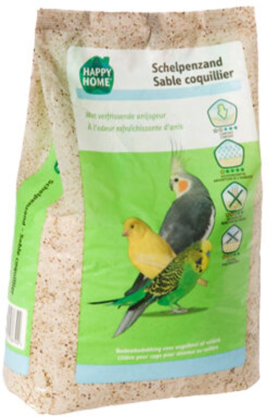 Verpakking schelpenzand met afbeelding van vogels en de tekst "HAPPY HOME Schelpenzand Sable coquillier".