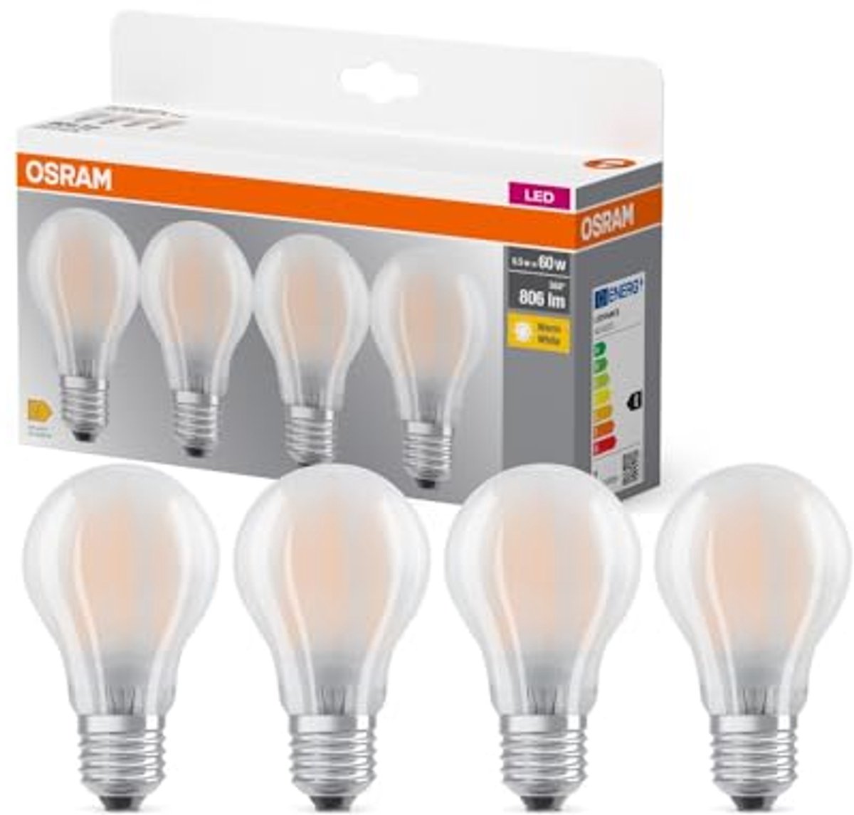 LED-lampen A60 voordeelverpakking met 4 stuks, vervangt traditionele 60W gloeilampen, warmwit, E27