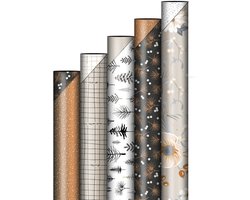 5 rollen kerst cadeaupapier – Dubbelzijdig mix & match – Koper, beige en zwart met stipjes, takjes, ruiten, dennenboompjes en bloemen – Luxe inpakpapier 50 cm x 3 meter – Mooie combinaties voor kerstcadeaus – FSC