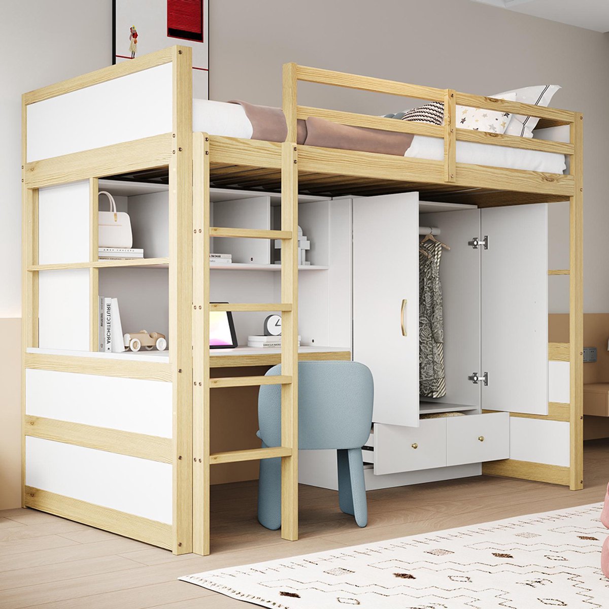 KOMHTOM BLACKCOLORS - Hoogslaper 90x200 cm - Met ladder - Bureau - Opbergruimte - Kast - Lades - Geschikt voor kinderen en tieners - Eénpersoons - Houtkleurig Natuurlijk hout