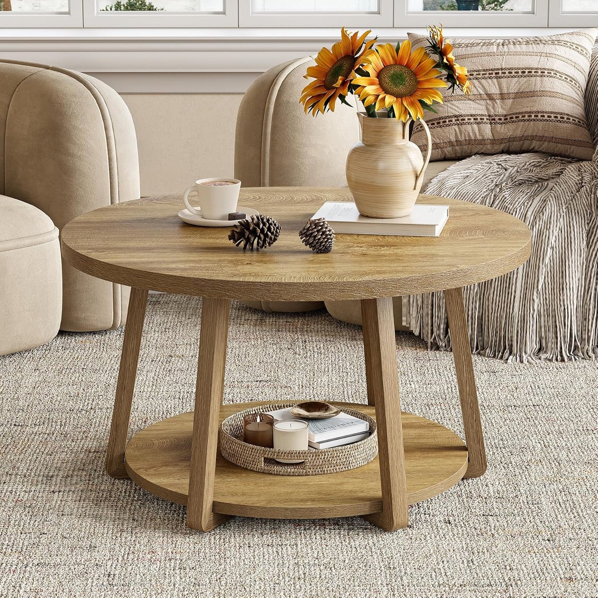 Tribesigns Ronde Salontafel met Opbergruimte - Salontafel met 2 Lagen en Houten Poten - Eikenhout - Eenvoudig te Monteren - voor Woonkamer, Thuiskantoor - 80 x 80 x 50 cm