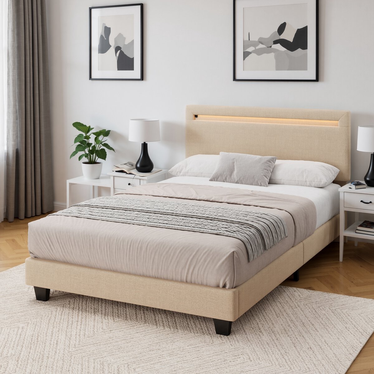 Xbro Gestoffeerd Bed 120 x 200 cm – met Bedhoofdbord LED-Verlichting – Tweepersoonsbed met Hoofdbord en Lattenbodem – Beige — cadeau in Cadeau-ideeën - foto 3