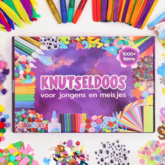 Allerion Knutseldoos – 1000+ Onderdelen – Inclusief Instructieboekje met Voorbeelden – Knutselpakket voor Meisjes & Jongens – Creatief Speelgoed Kinderen 3+ – Vol Stickers, Pompoms, Papier, Glitterlijm & Meer – Knutselen Kinderen – Cadeau Idee