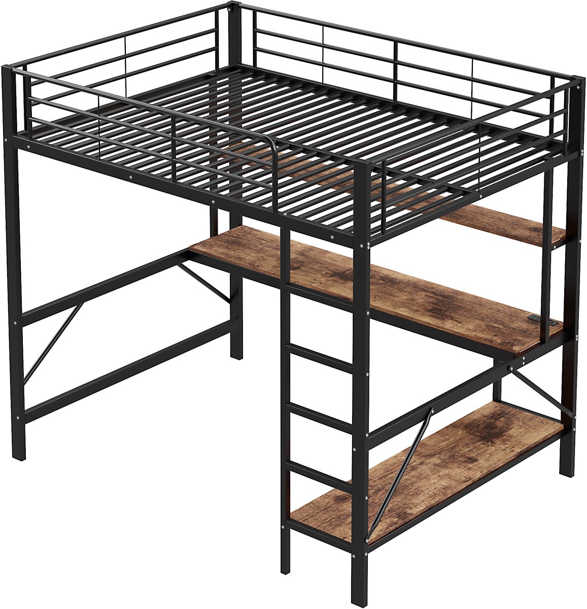 Hoogslaper van 140 x 200 cm, metalen bedframe, ijzeren bed met bureau, zonder matras, hoogslaper met vier kleine planken en een groot boekenrek voor kinderen, jongeren en volwassenen (zwart