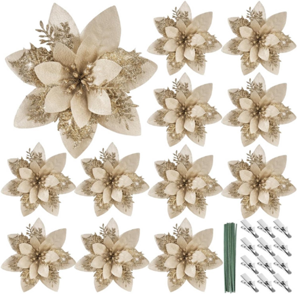 12 Stuks Glitter Poinsettia Kunstbloemen 14.5 Cm - Champagne - Grote Kerstbloemen Met Clips En Stelen - Voor Kerstboom - Krans - Feestdecoratie**