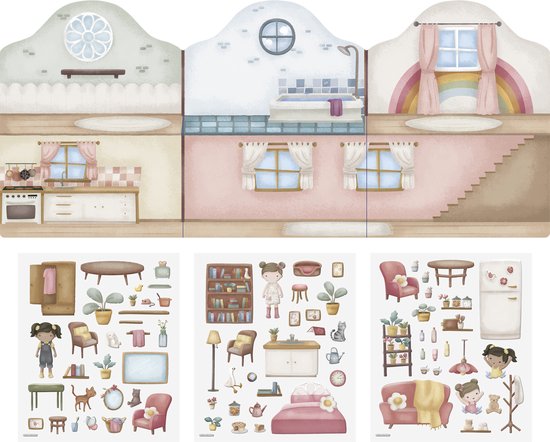 Overzicht van een kartonnen poppenhuis met kamers, meubels en stickers.
