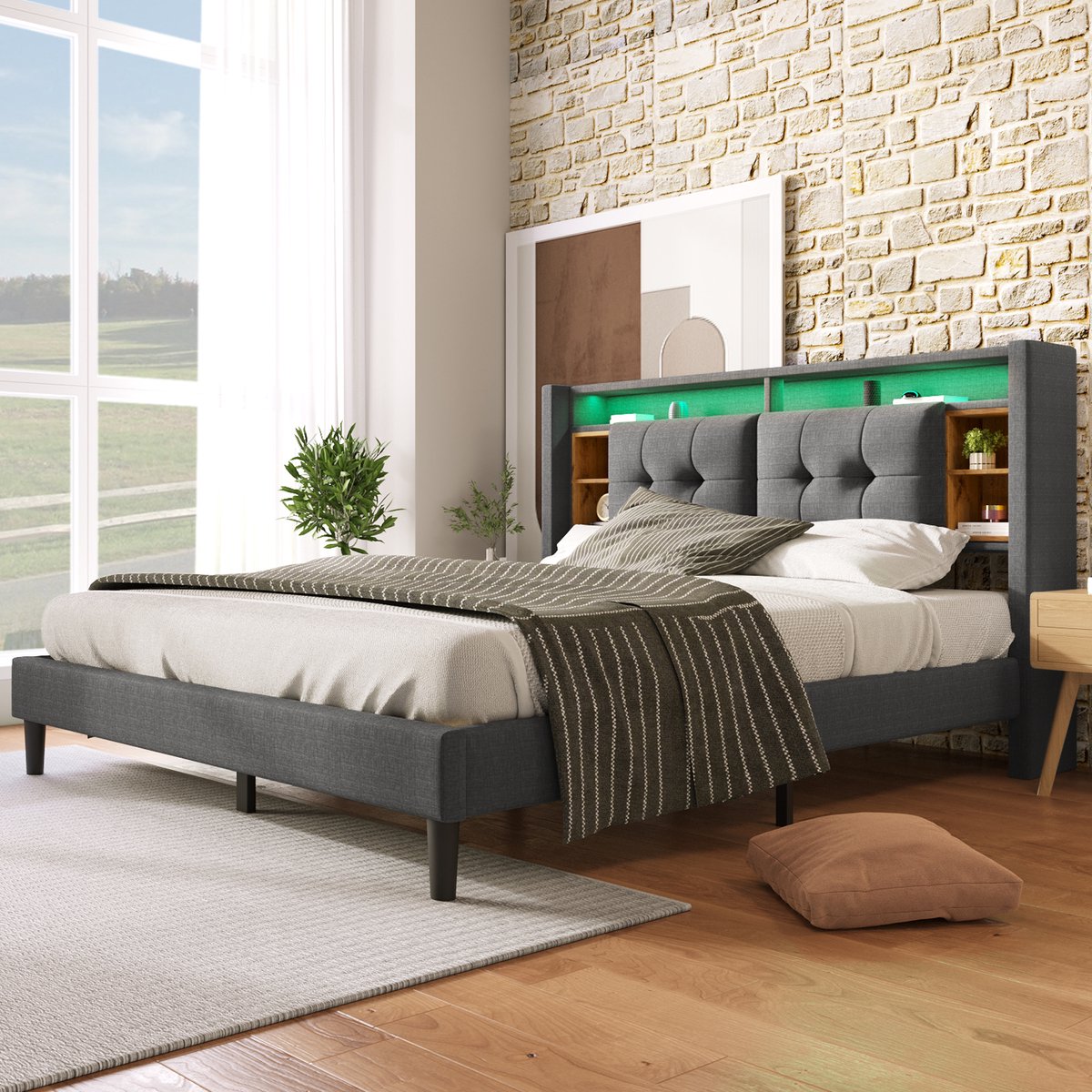 Singularity Gestoffeerd tweepersoonsbed met opberghoofdeinde en USB-oplader- bedframe 140 x 200 cm- grijs- zonder matras