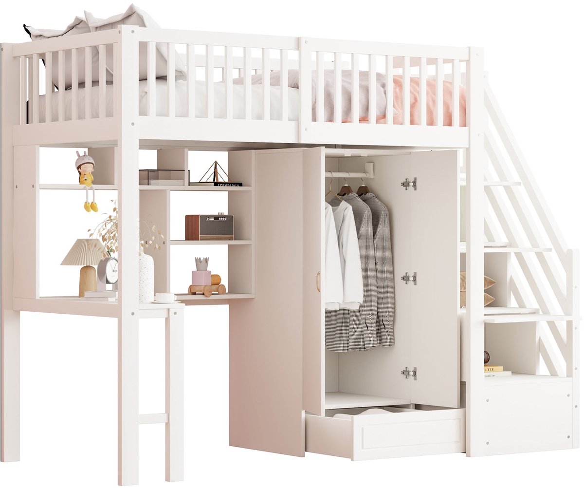 Merax Hoogslaper 90x200 cm met Grote Kast Bureau Trap met Opbergladen en Planken Wit Houten Bedframe