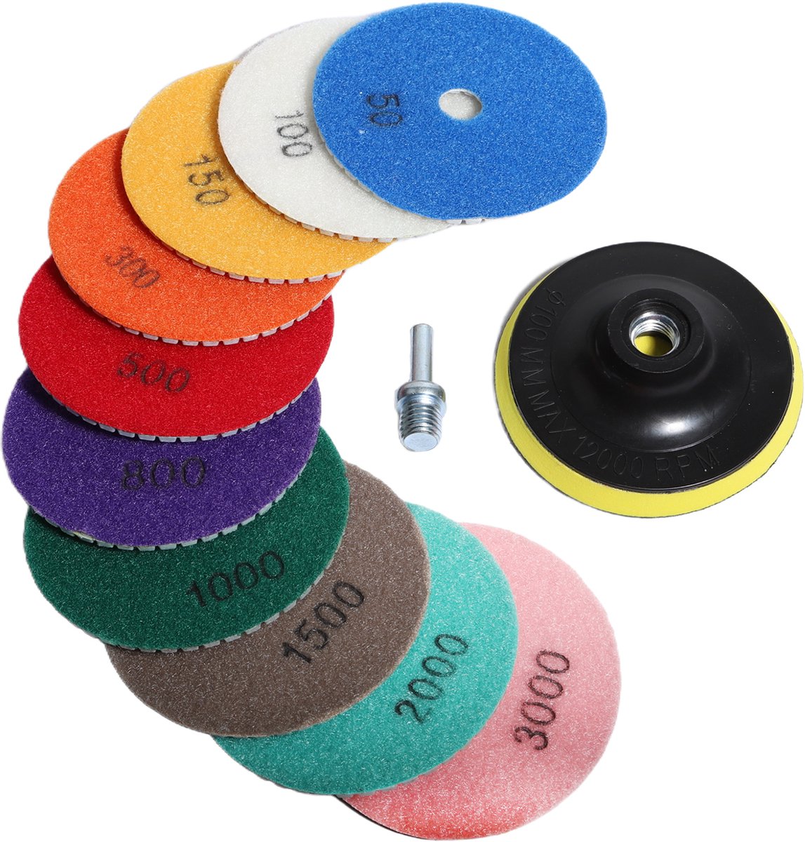 4-inch diamantpolijstpad met 5/8-11 rug, 12-delige set natte en droge granietpolijstpads voor boor- en slijpmachines, polijstpads met korrel 50-6000 voor beton, marmer en steen