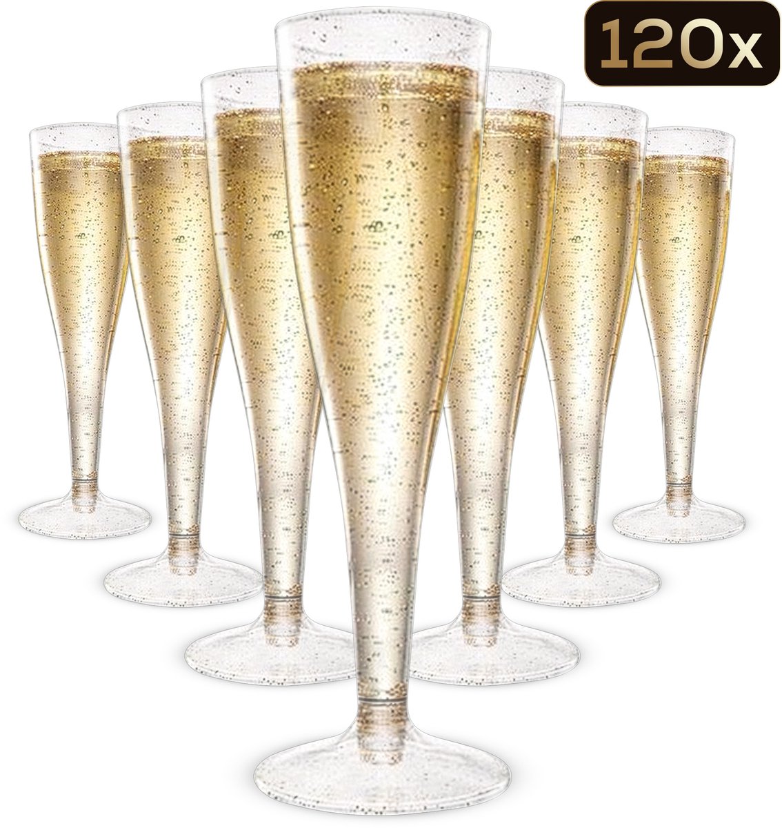 Plastic Champagneglazen - 120 Stuks - Gouden en Zilveren Glitter - Voor Bruiloften, Verjaardagen & Feesten, 135ml - Herbruikbaar
