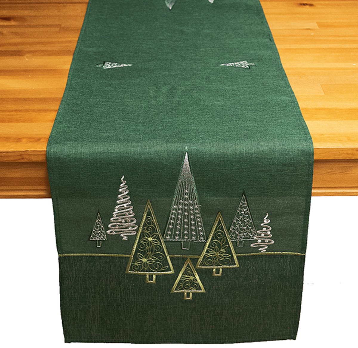 Tafelloper – Linnenlook – Donkergroen – Moderne Kerstbomen in Goud en Zilver – 40 x 140 cm