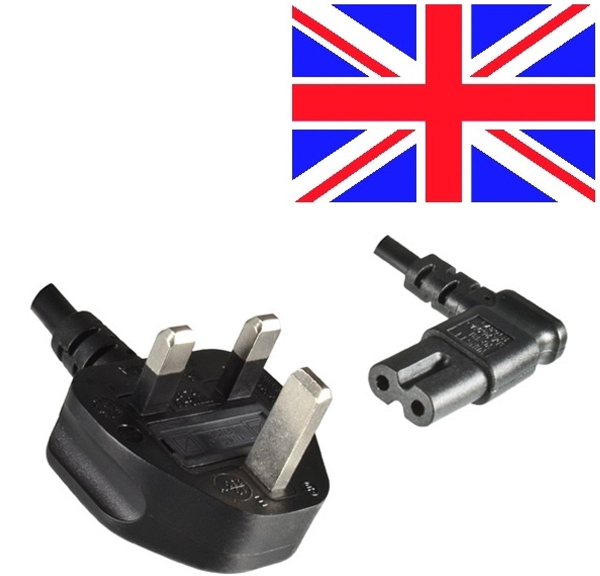Stroomkabel met haakse C7 plug en haakse Britse (type G) stekker - 2x 0,75mm / zwart - 1,8 meter