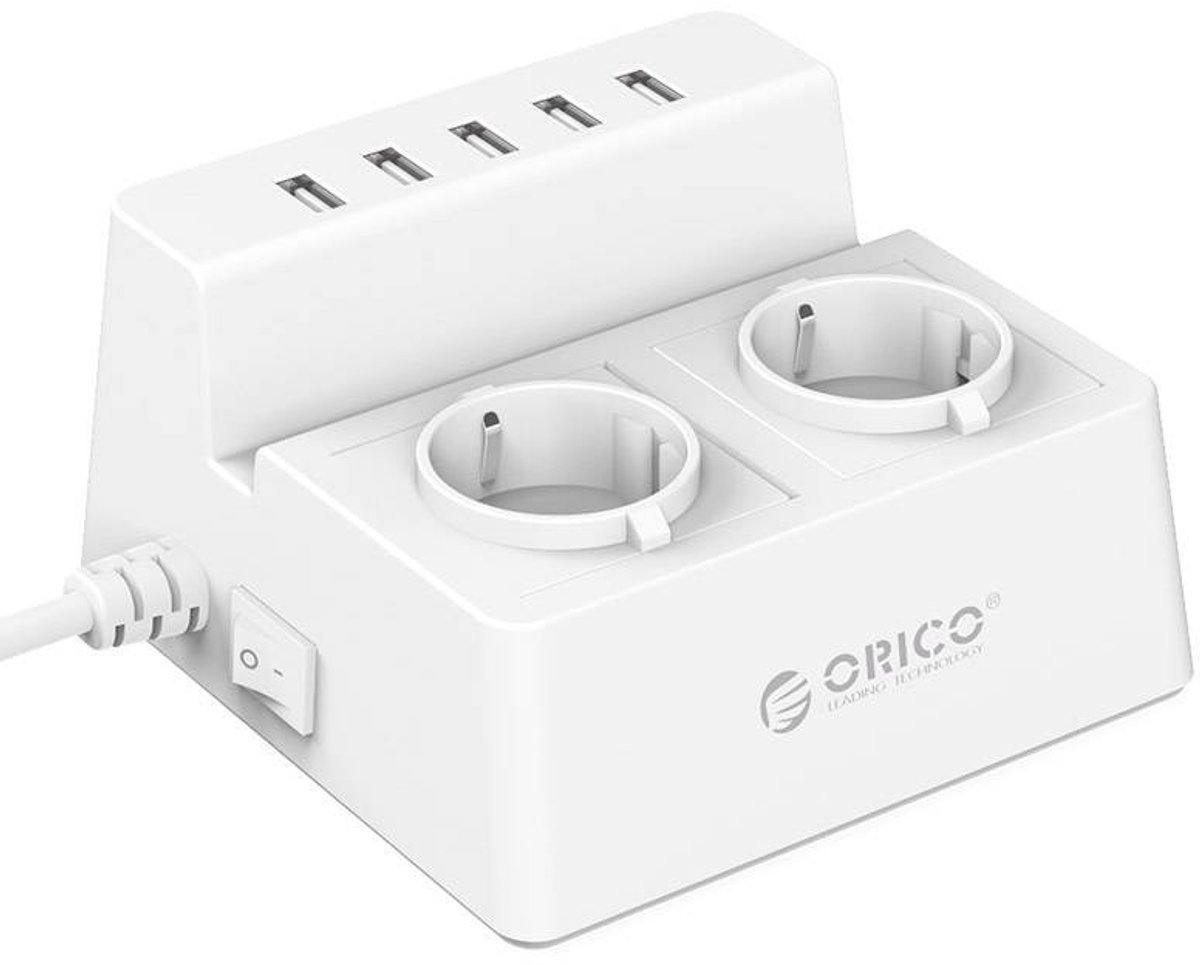 Orico - Stekkerdoos met 2 Stopcontacten en 5 USB-Laadpoorten - Tablet/Smartphone Standaard - 2500W - Incl. aan/uit schakelaar en overspanningsbeveiliging - Wit