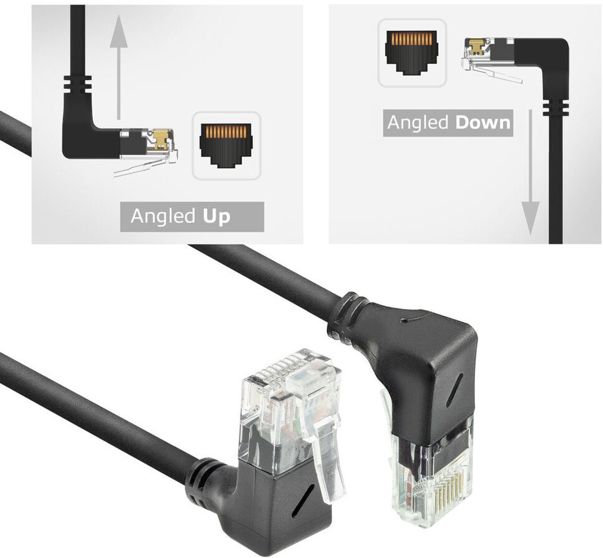 ACT Zwarte 1,5 meter U/UTP CAT6A LSZH Slimline patchkabel met RJ45 connectoren 90° haaks beneden naar 90° haaks boven DD7951