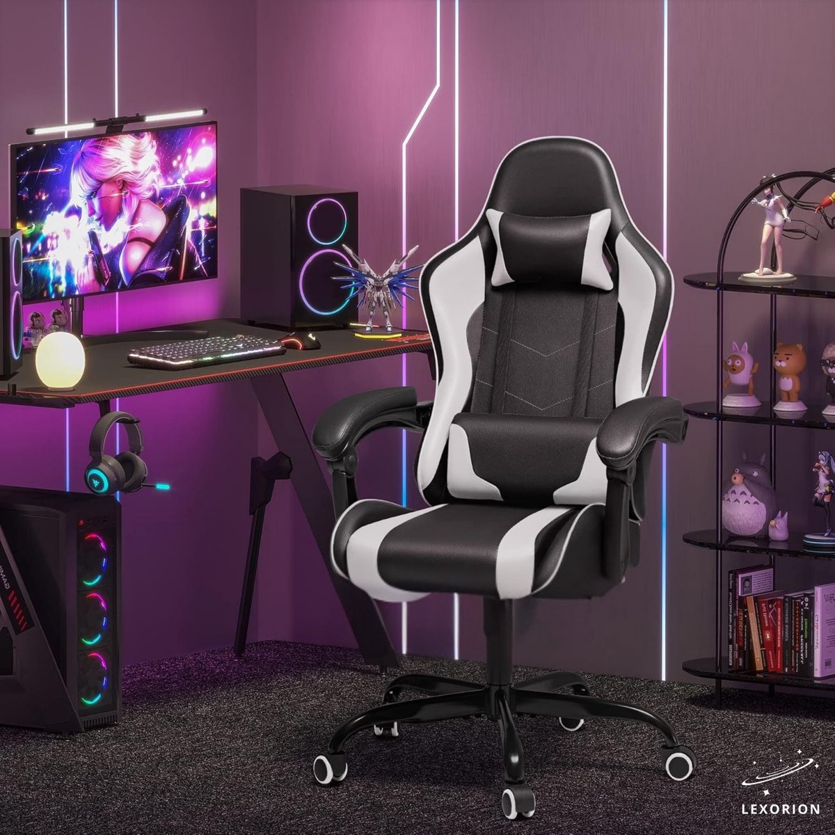 Lexorion Gaming Stoel – Ergonomische Gaming Chair – Inclusief Gratis RGB Gamingmuis Cadeau – Verstelbaar – Lederen Gamestoel – 136 kg – Wit– Bureaustoel – foto 6
