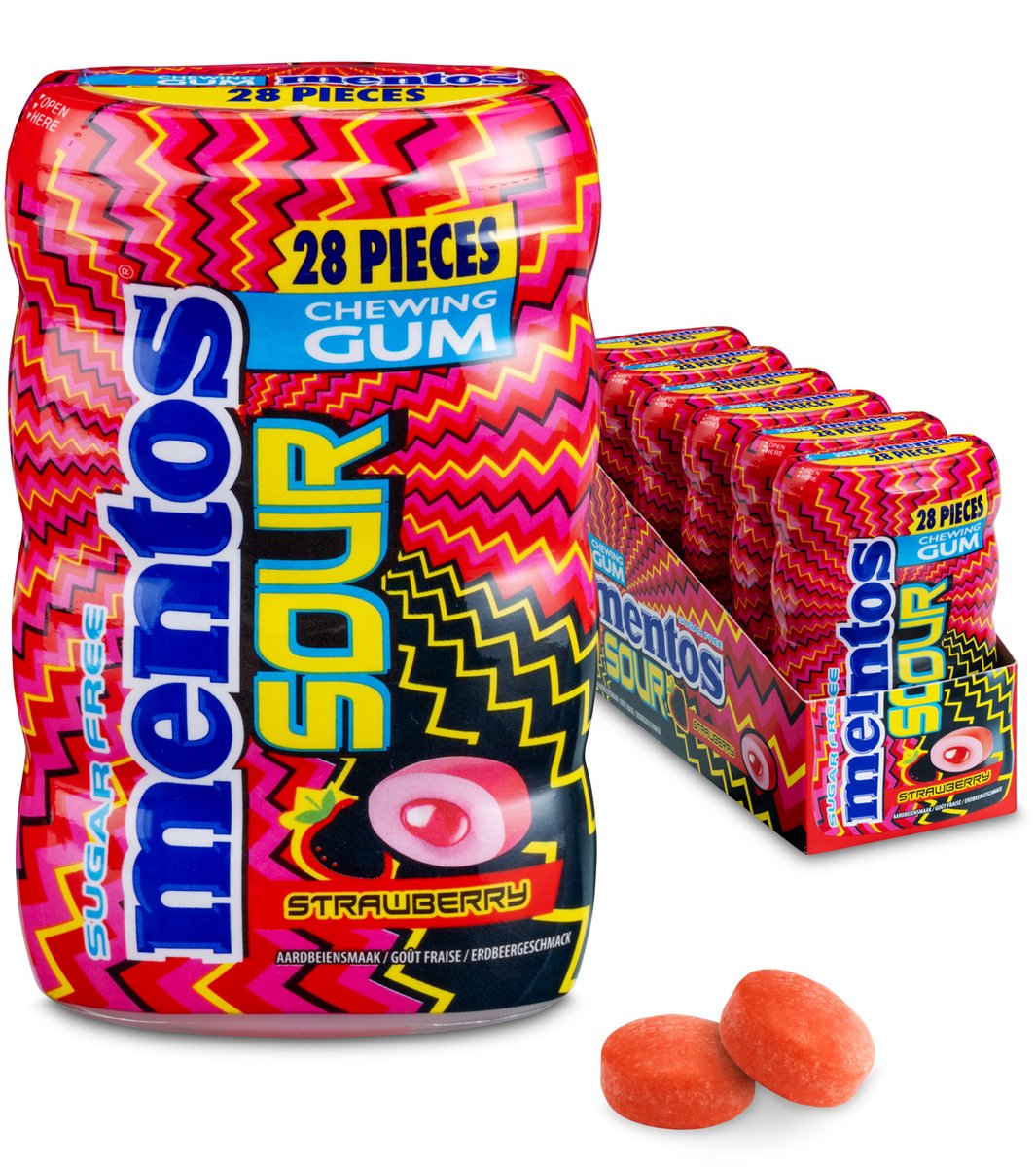 Mentos Gum Sour Strawberry - Kauwgom - Suikervrij - 6x28stuks