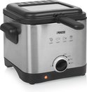 Zilverkleurige Princess mini friteuse met zwarte deksel en handvat. Thermostaat met iconen voor vis, garnalen, kip en friet.