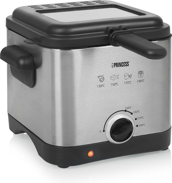Zilverkleurige Princess mini friteuse met zwarte deksel en handvat. Thermostaat met iconen voor vis, garnalen, kip en friet.