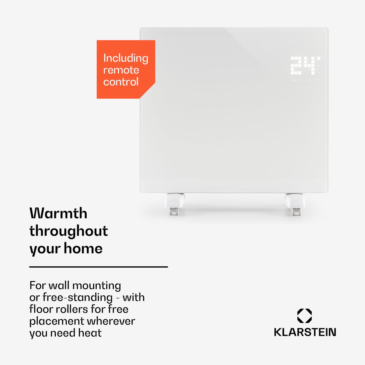 Klarstein elektrische kachel, convectiekachel met wielen, draagbare elektrische kachel, energiebesparend, slanke, stille elektrische kachel, vrijstaande elektrische radiator met thermostaat, 1000 W