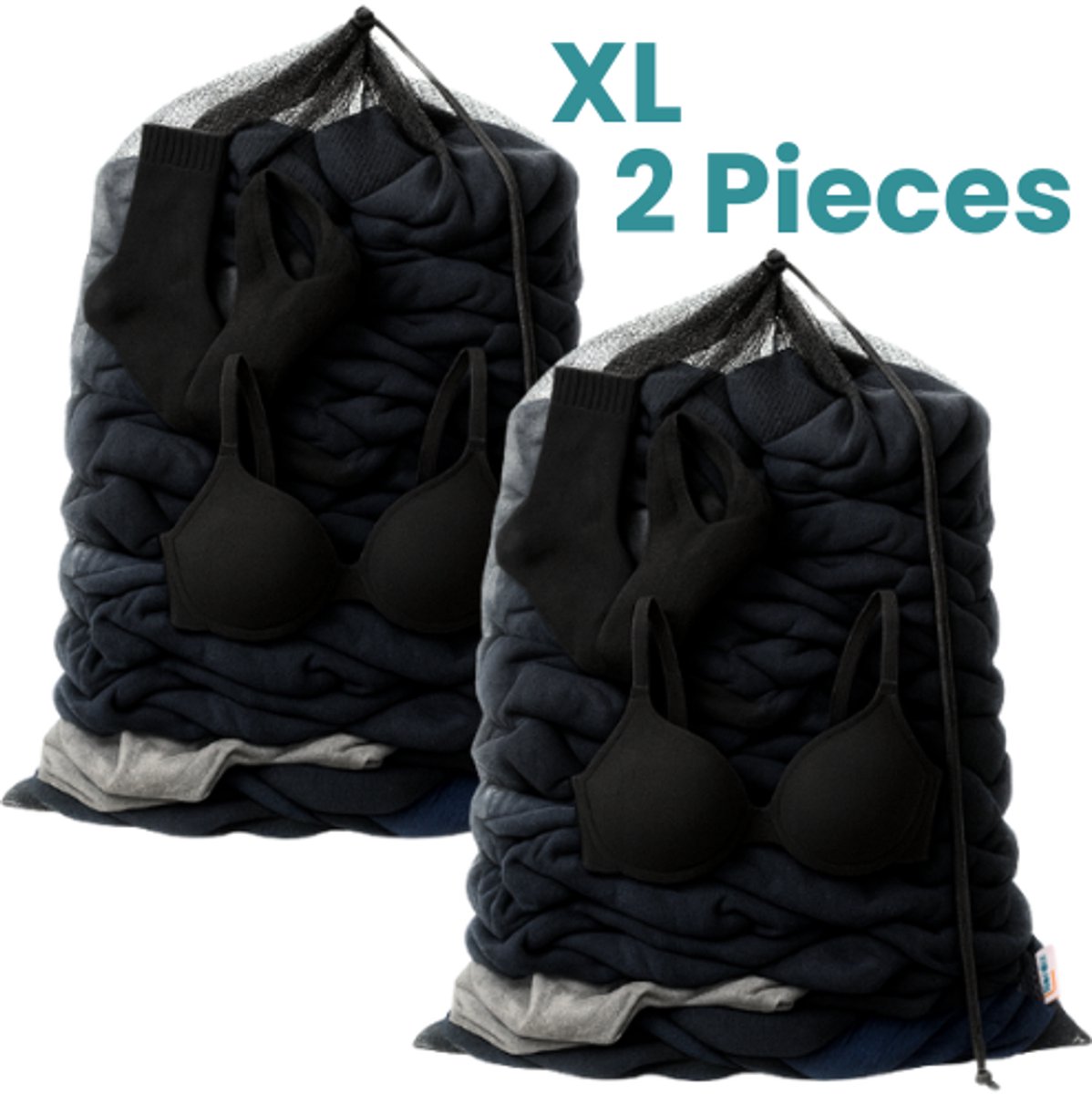 NORDIX Waszak Groot XL - 60x90CM - Waszakken - 2 Stuks - Laundry Bag - Wasnet - Waszakje - Treksysteem - Trekbandsluiting - Polyester - Schoenenzak - BLACK