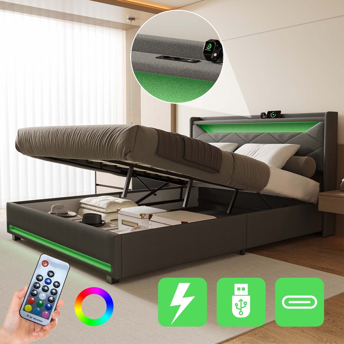 Opbergbed 140x200cm - Tweepersoonsbed met LED Lichtstrip - Opbergbed - €295,09