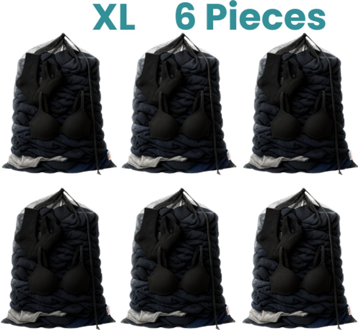 NORDIX Waszak Groot XL - 60x90CM - Waszakken - 6 Stuks - Laundry Bag - Wasnet - Waszakje - Treksysteem - Trekbandsluiting - Polyester - Schoenenzak - BLACK
