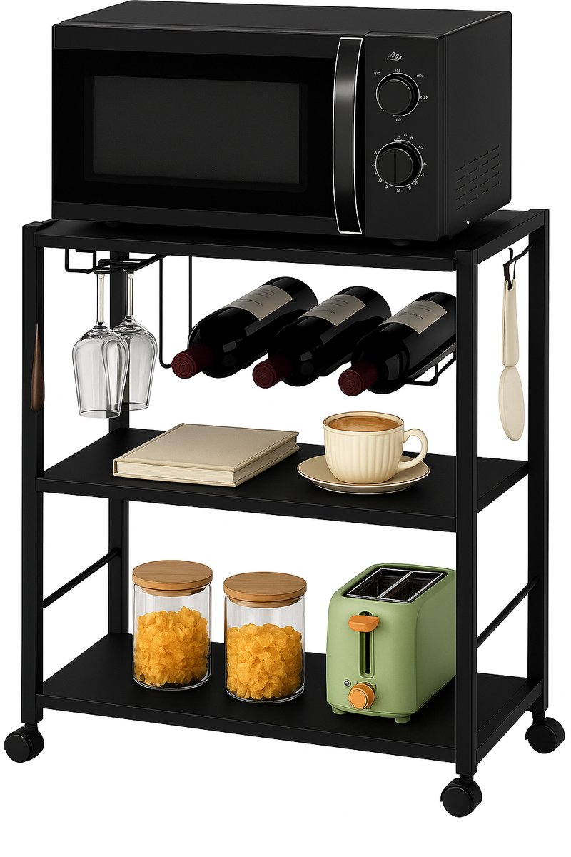 Bol.com Keukentrolley Zwart – Industriële Trolley op Wieltjes – Hout & Metaal – 3 Lagen Keukenrek – Moselle - IN.HOMEXL - 52x40x... aanbieding