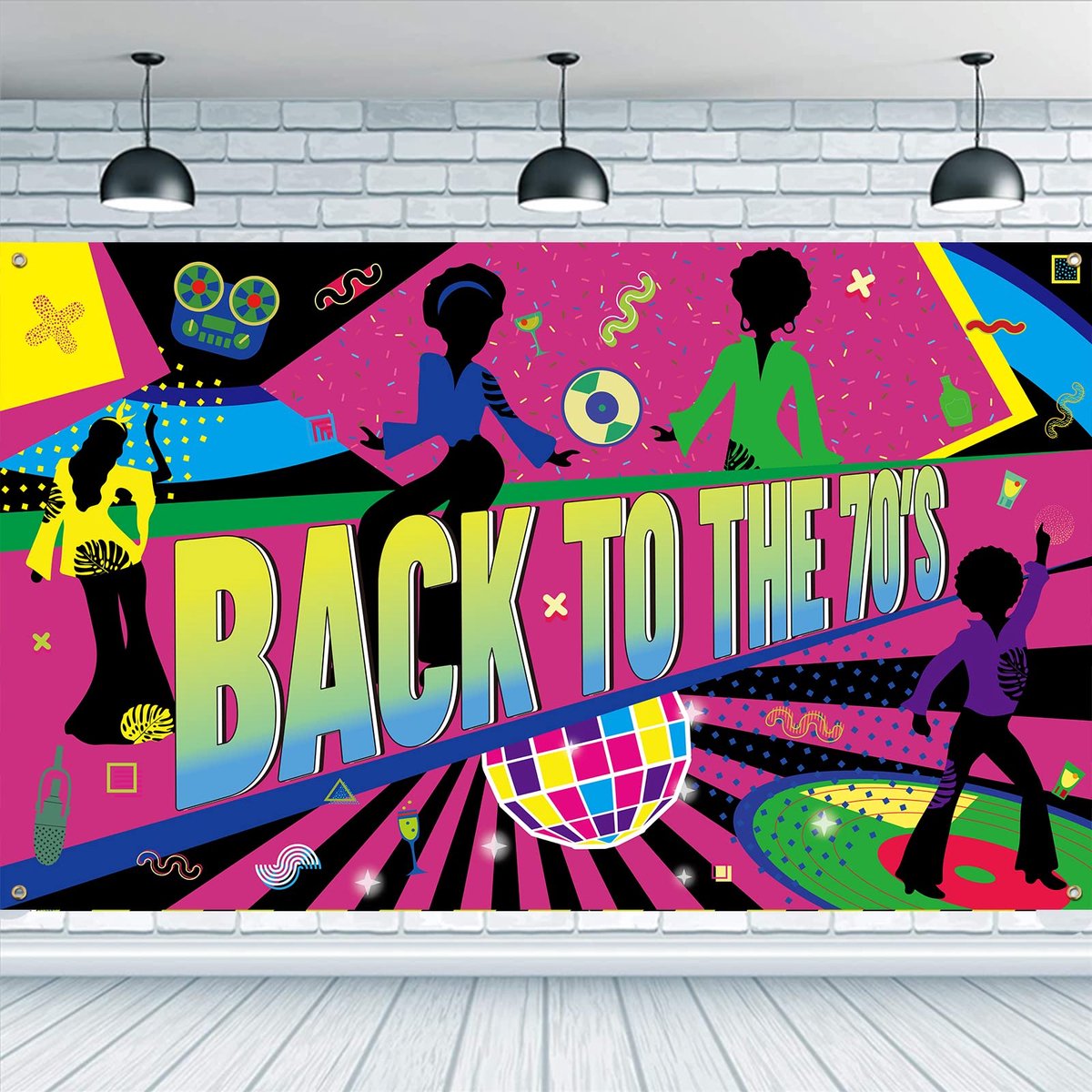 Jaren 70 Party Banner Deco 180x110cm - Back to The 70's - Kleurrijke achtergrond themafeest banner met hangend touw disco achtergrond