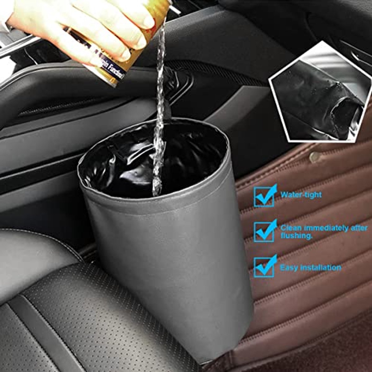 Auto-vuilnisemmer, opvouwbare waterdichte vuilnisemmer, multifunctionele auto-organizer, vuilnisemmer, stijlvolle PU-leer, waterdichte vuilnisbak, grijs