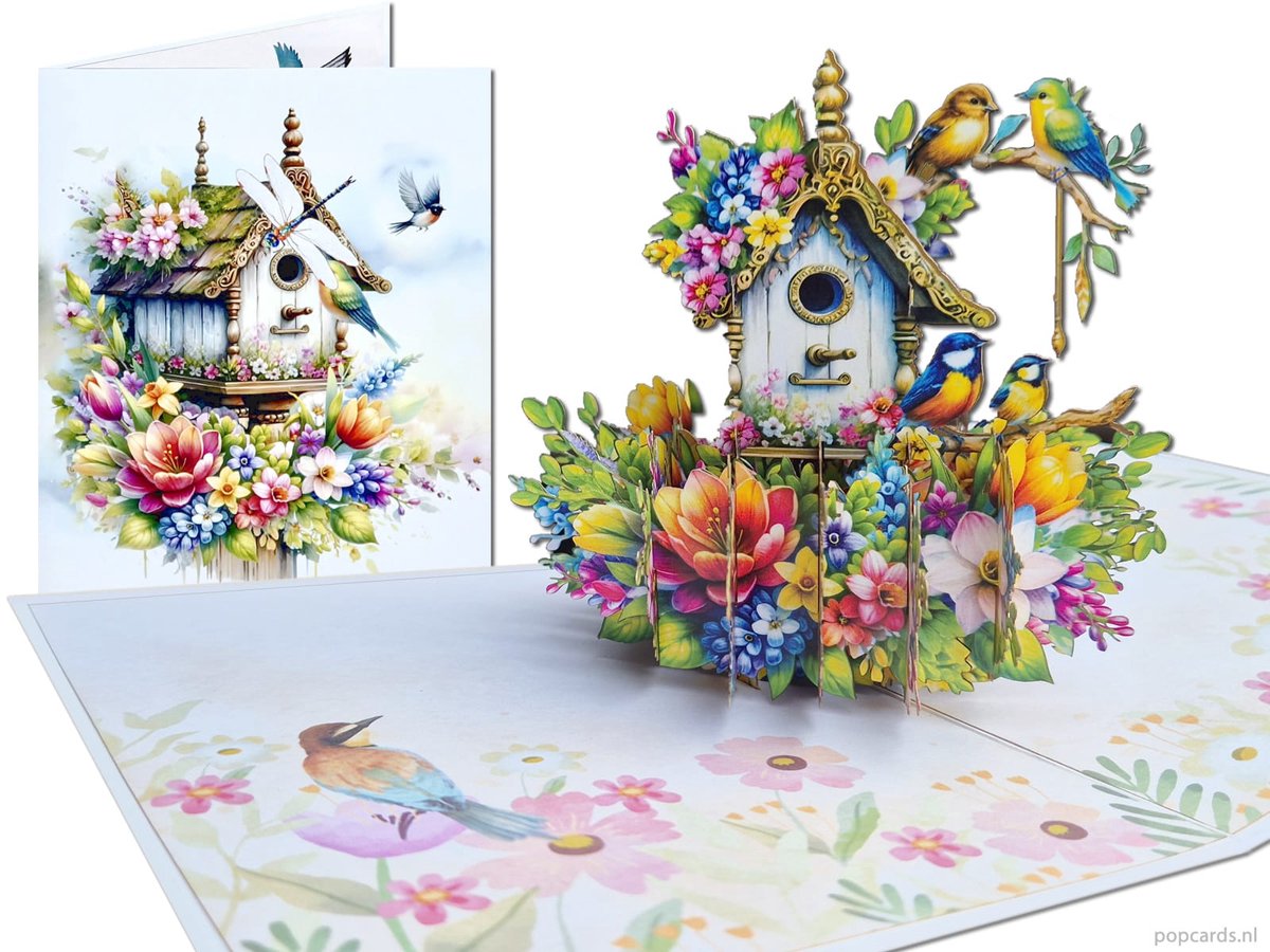 Popcards pop-up kaart - Feeëriek Vogelhuisje met Bloemen en Vogeltjes Geelborstje Vogelnest Pimpelmees Musje Parkiet Siervogel 3D kaart wenskaart