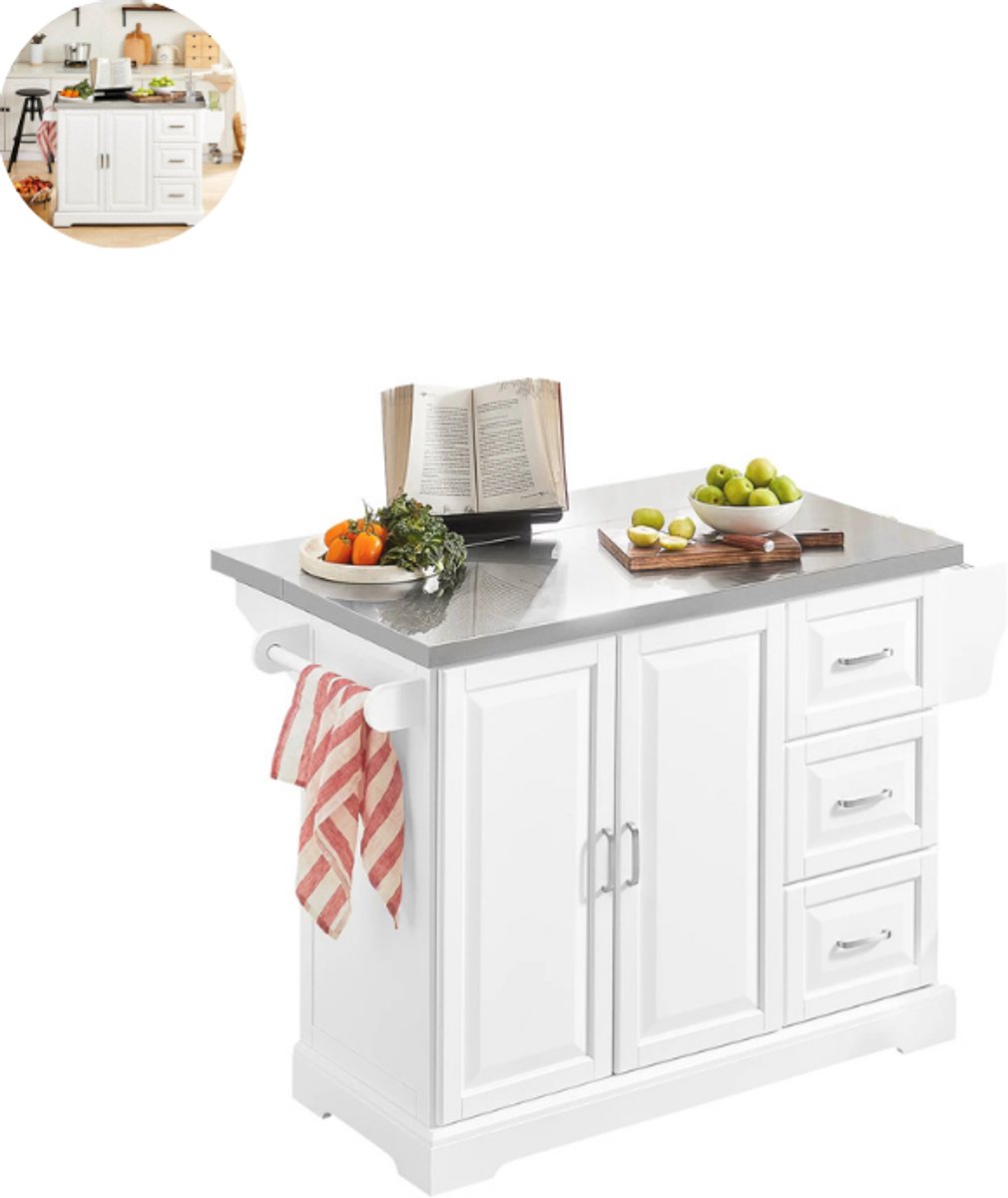 Keukeneiland - Verplaatsbaar - Keukenkast - Dressoir - Organizer - Kasten - Houten Werkblad - 2 Deuren - Wit