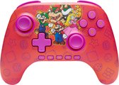 Rode Nintendo Switch controller met Mario, Luigi, Peach en Bowser-opdruk en paarse knoppen.