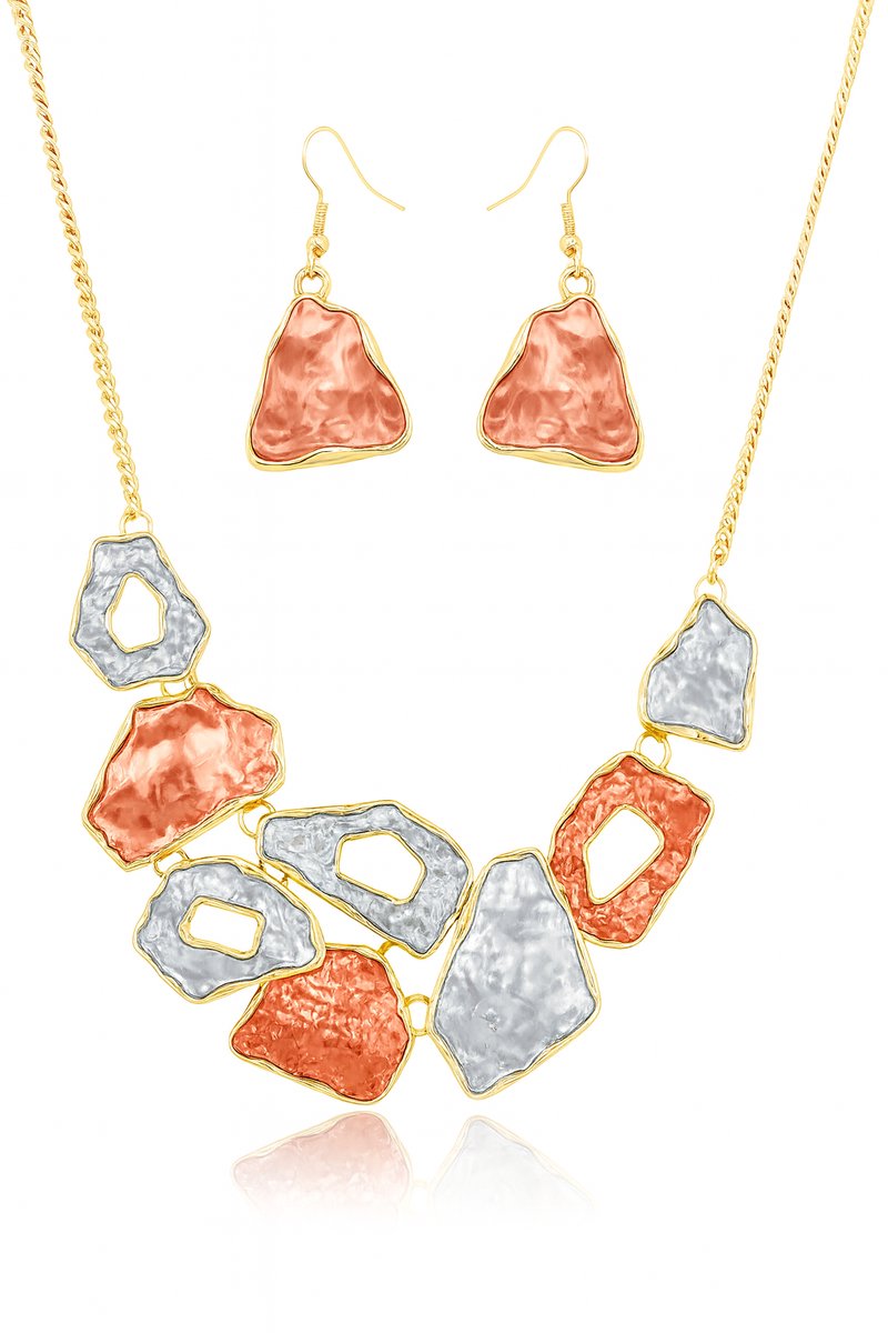Dames sieradenset – Goudkleurige ketting en oorbellen – Rood-blauw olieverf – Vierkant opengewerkt design