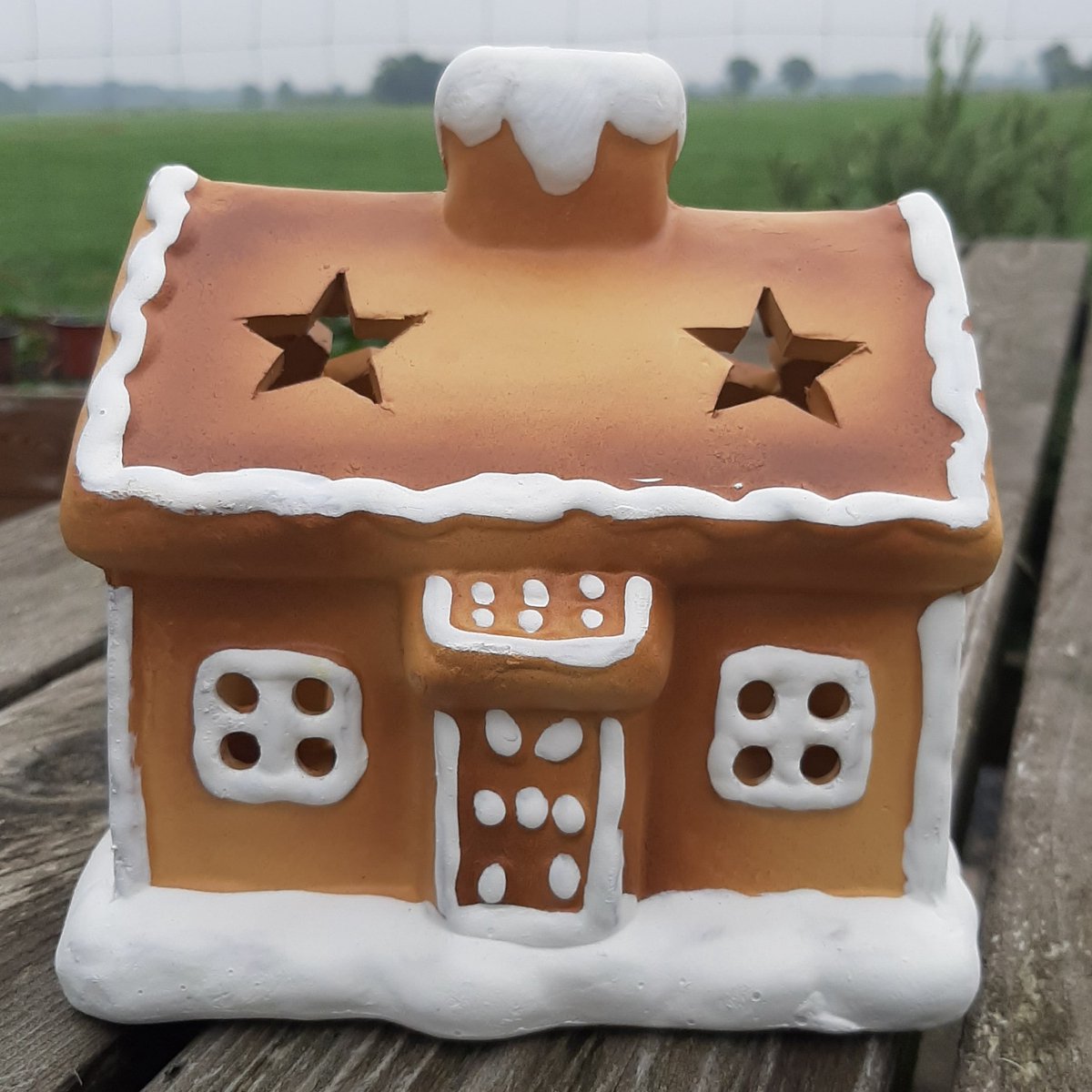 Waxinelichthouder kerst peperkoekhuisje terracotta – bruin/wit 14x14x10 cm | Kerstdecoratie