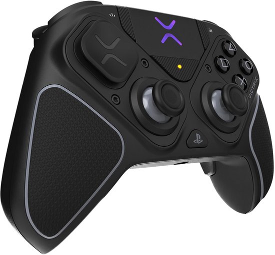 Zwarte Victrix Pro BFG controller met zilveren accenten en paars logo.