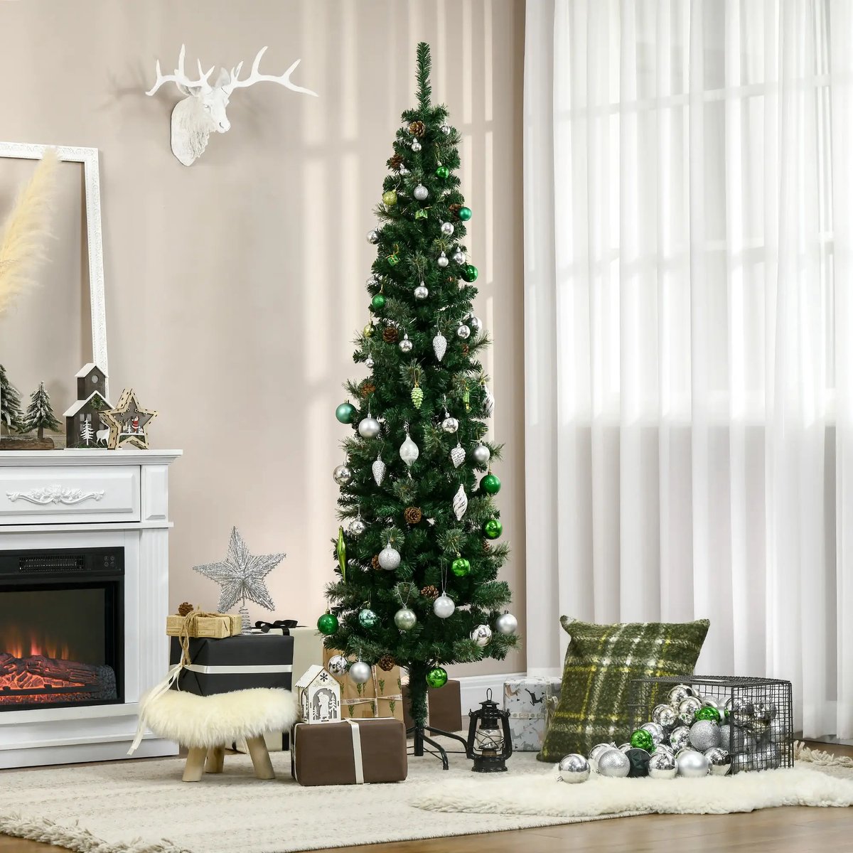 Pugsdrly Kunstkerstboom, slank, dennenappels, brandvertragend, 54 x 195 cm, groen