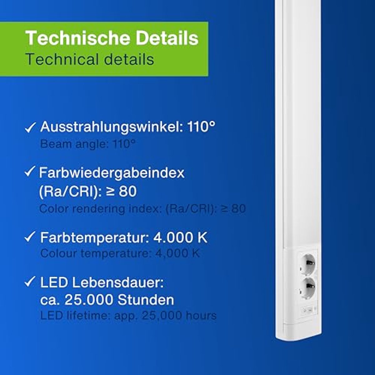 LED Onderkast Verlichting met 2 Stopcontacten en Schakelaar - 15W 76 cm