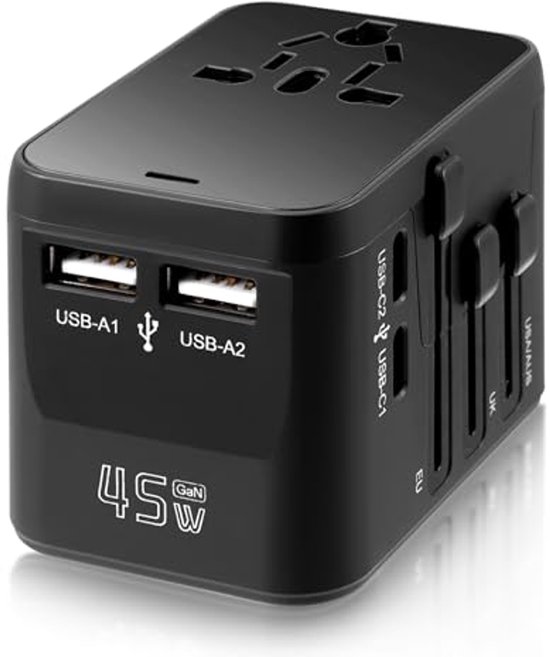 Universele Reisadapter – 5-in-1 Met 2x USB-C, 2x USB-A En Stopcontact, Geschikt Voor 224+ Landen, Compact En Veilig