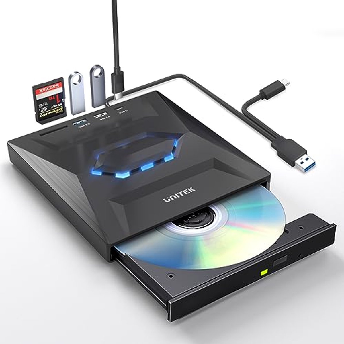 Draagbare Externe CD DVD Drive met USB-C en 3 USB-Poorten voor Laptop en Desktop, Geschikt voor Windows en Linux