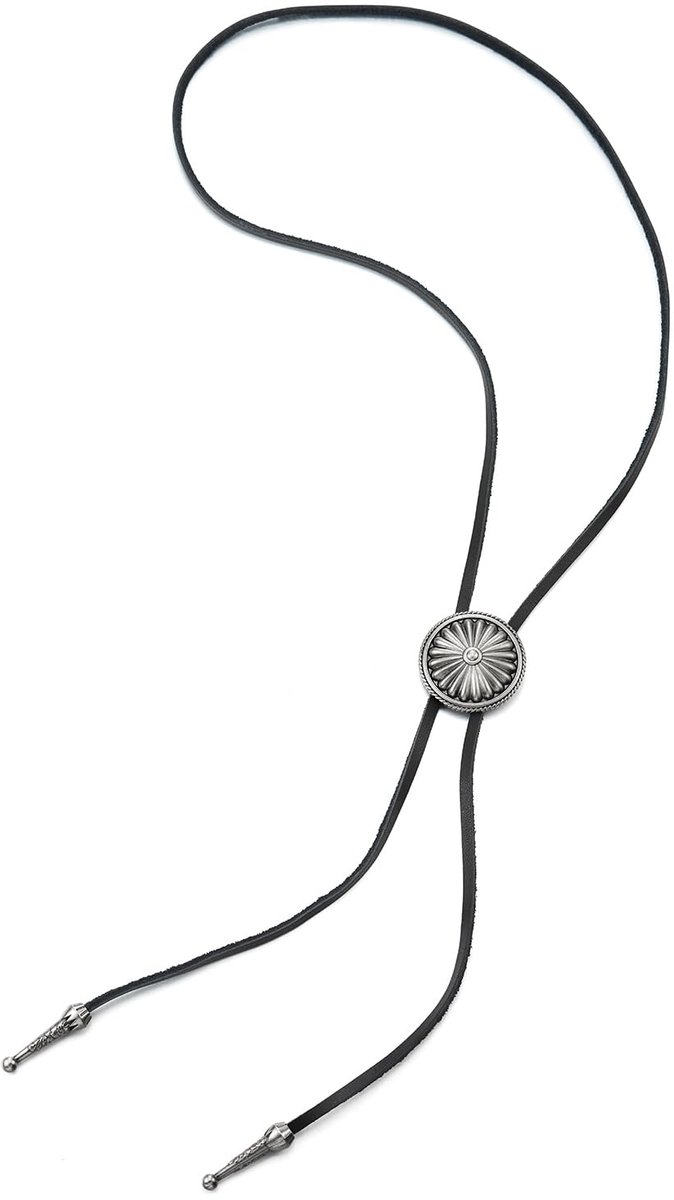 Vintage circle button bolo tie tie, Lariat necklace, Rodeo long Y necklace for men and women, black leather, leather black, No gemstone, leather black, No Gemstone