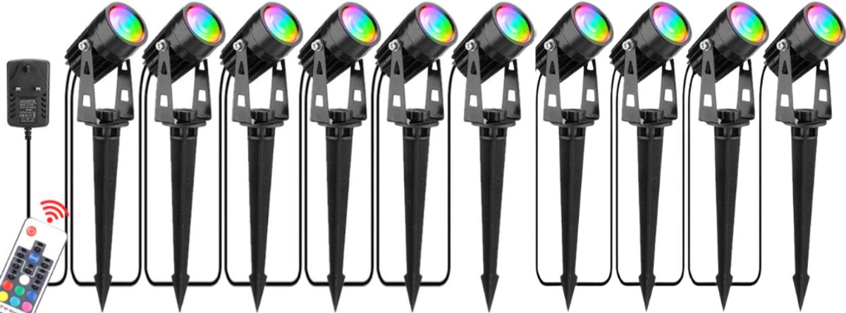 Lichtendirect - Tuinverlichting op Prikstok – 24,2 Meter – 10x RGB LED Spots – Waterdicht & Kantelbaar – Met Afstandsbediening - Buitenverlichting