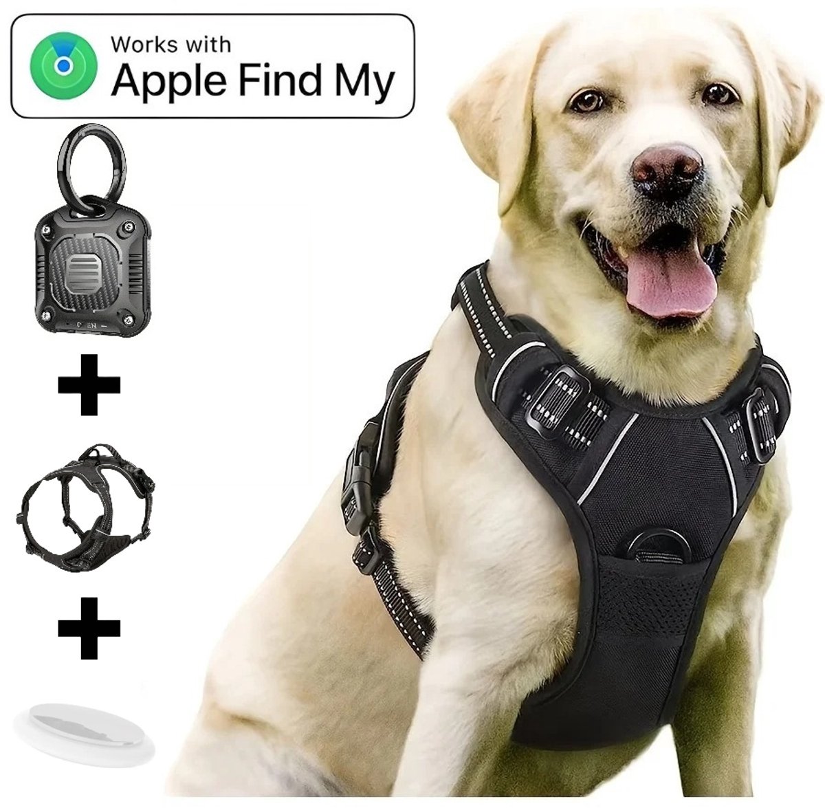 BlueTime - Hondenharnas - Inclusief Tag Case - Hondentuig - Honden Harnas - Honden Tuigje - Honden Riem - Hondentuigje Kleine hond - Honden Halsband - Inclusief Tag - Geschikt voor Apple Find My - Maat XL - Zwart